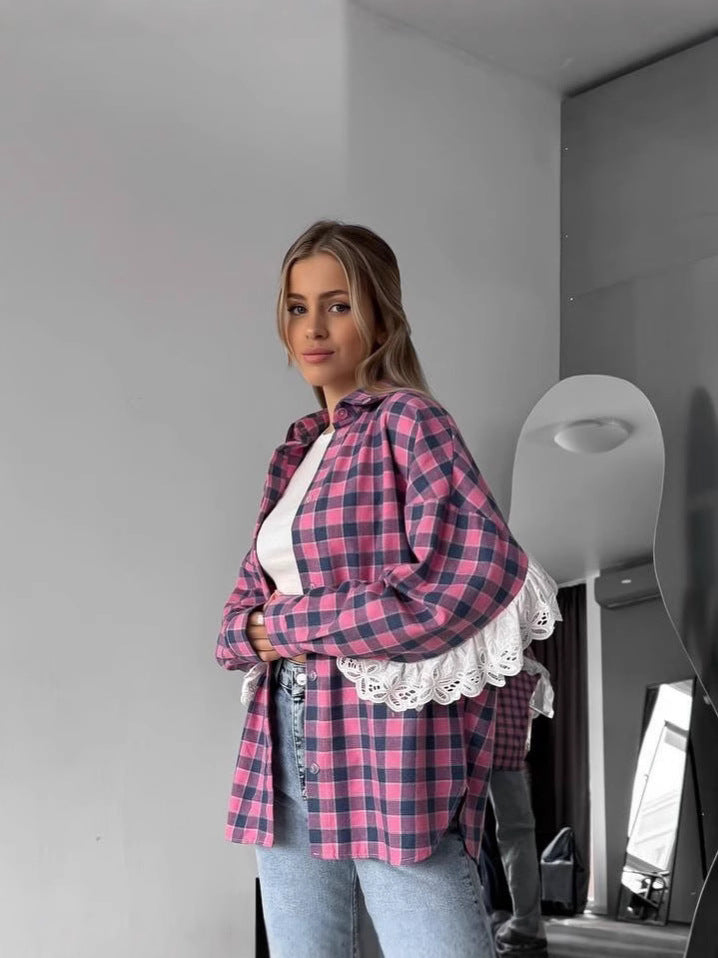 Damen Karierte Bluse mit romantischem Spitzenabschluss WW