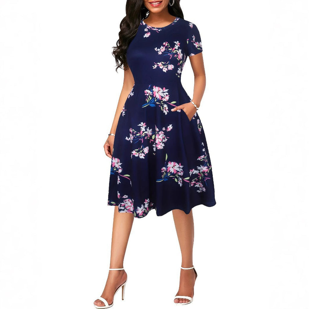 Damen Rockabilly Kleid mit floralem Druck und schwingendem Saum WW