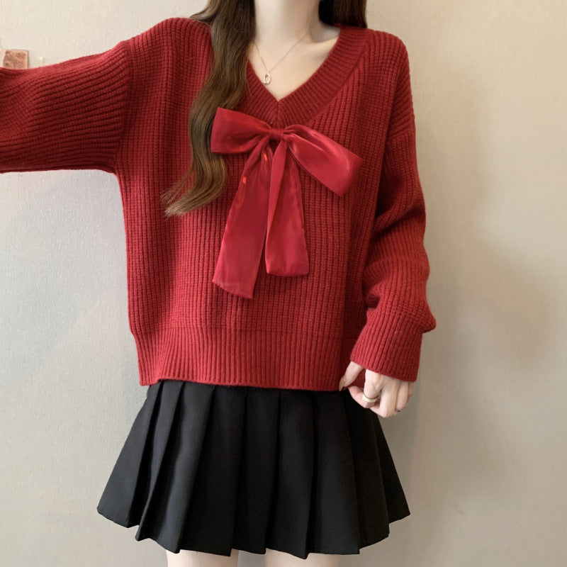 Damen Strickpullover mit V-Ausschnitt und dekorativem Schleifenakzent WW