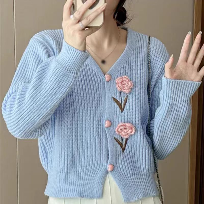 Damen Strickjacke mit floralen Applikationen WW