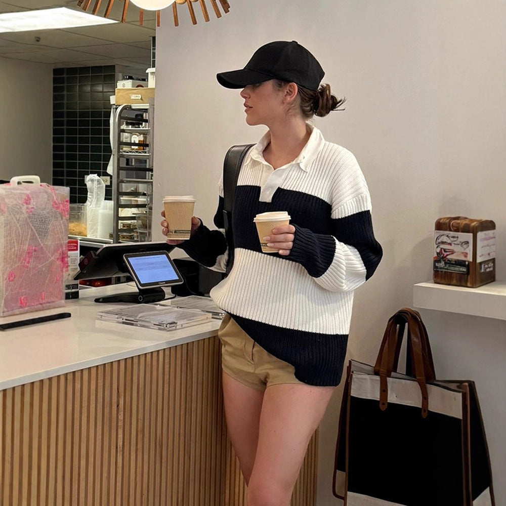 Damen Sportlicher Pullover mit Kragen und Blockstreifen WW