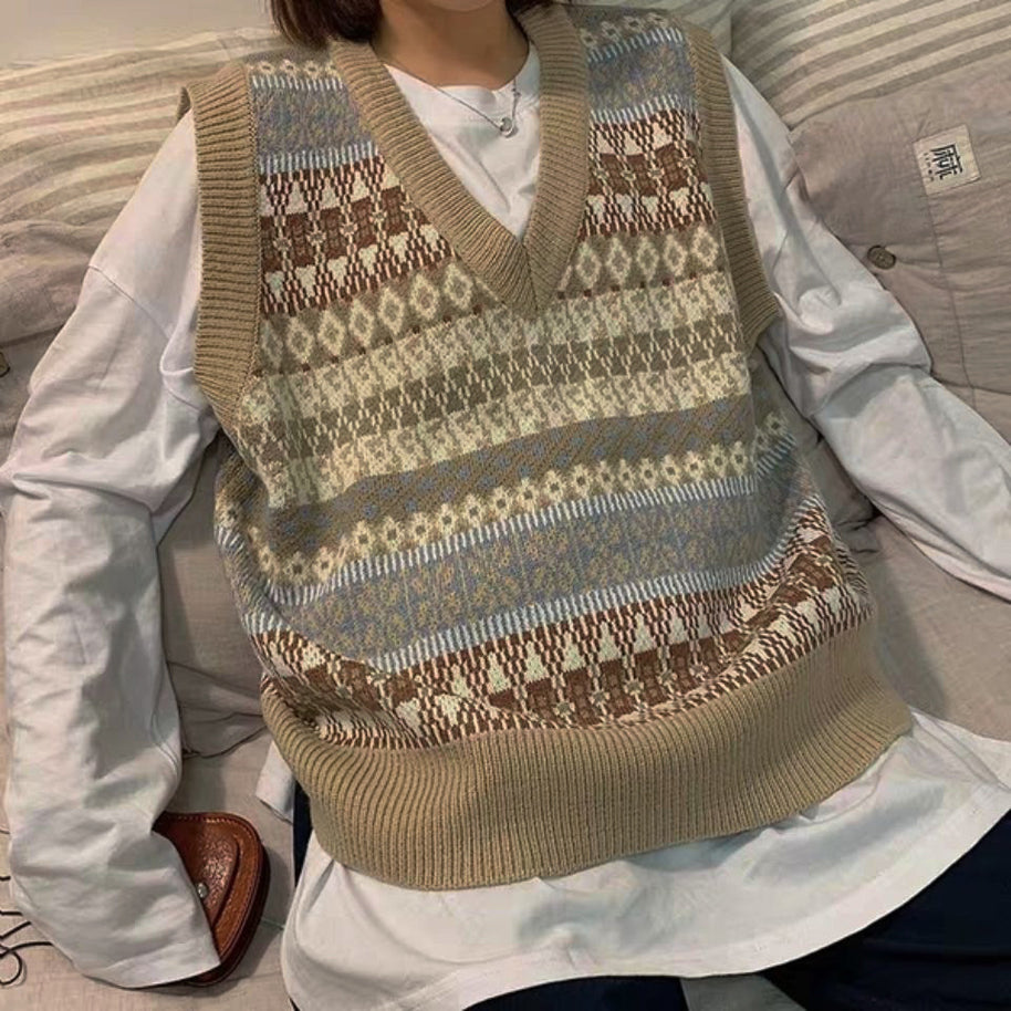 Damen Ärmellose Strickweste mit V-Ausschnitt und Muster WW