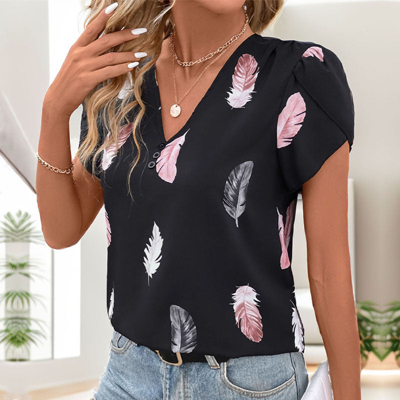 Damen Bluse mit romantischen Federmuster und Puffärmeln WW