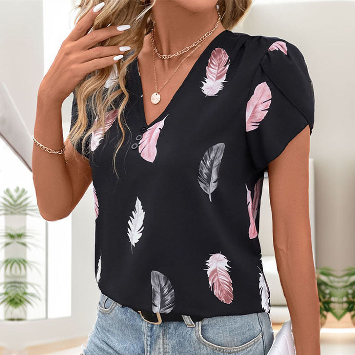 Damen Bluse mit romantischen Federmuster und Puffärmeln W&W Mode