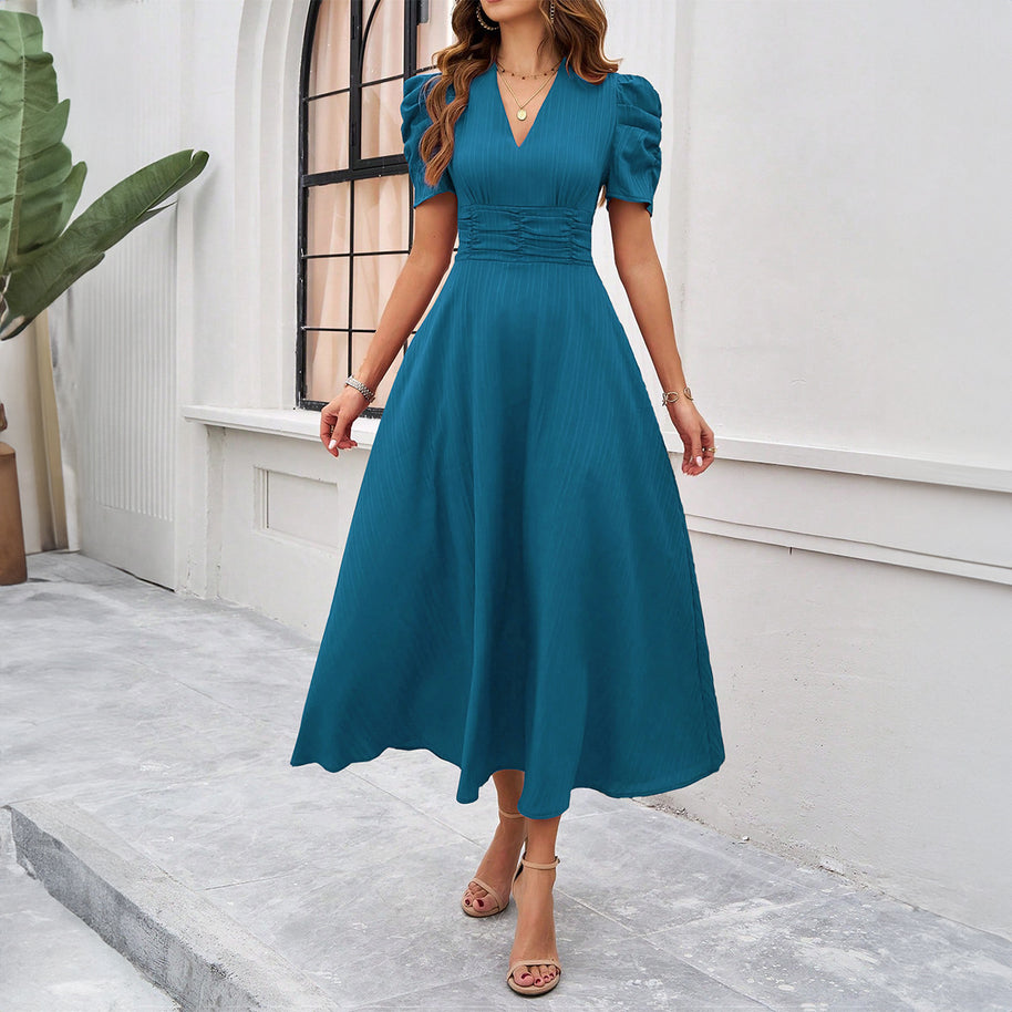 Damen Midi Kleid mit Puffärmeln und V-Ausschnitt WW