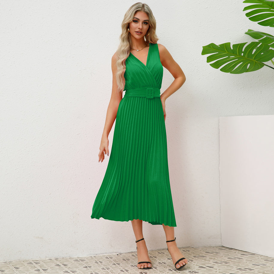 Damen Plissee Maxikleid mit taillierbarem Gürtel und elegantem V-Ausschnitt WW