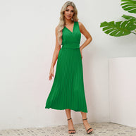 Damen Plissee Maxikleid mit taillierbarem Gürtel und elegantem V-Ausschnitt WW