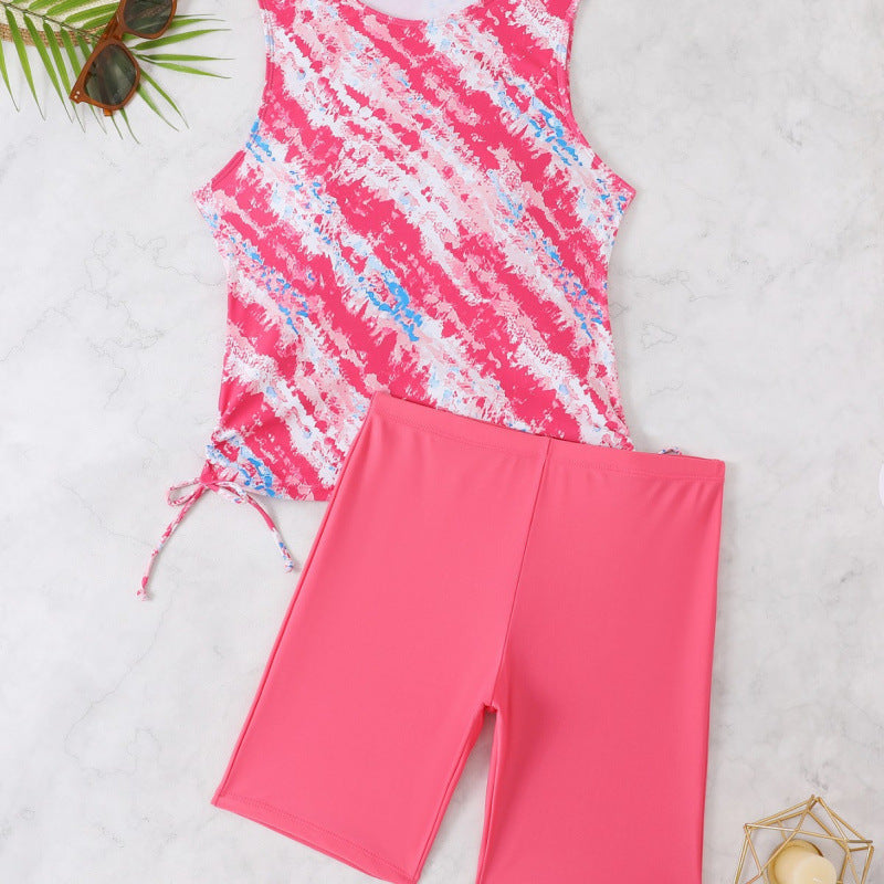 Damen Sportliches Tankini-Set mit modischem Wasserfarbmuster und bequemen Shorts WW