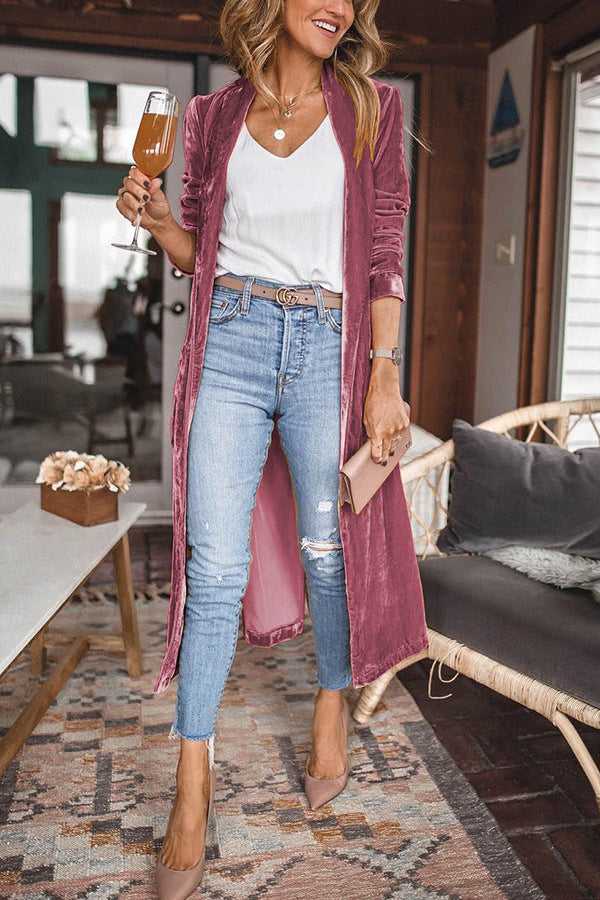 Damen Schicke lange Veloursjacke mit offenem Schnitt WW