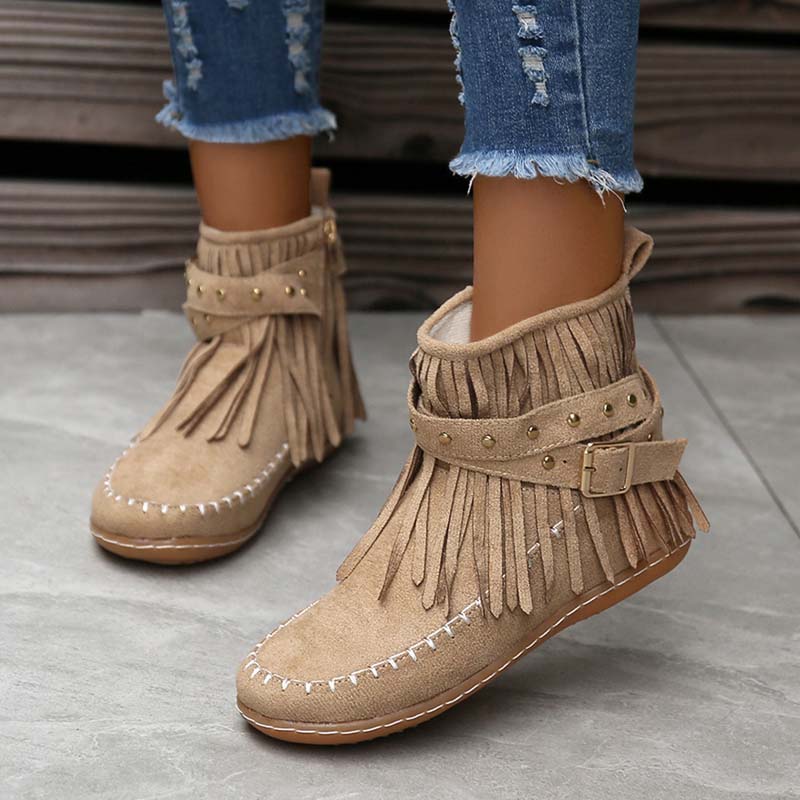 WW | Boho Stiefelette Mit Fransen Und Schnallen Für Damen