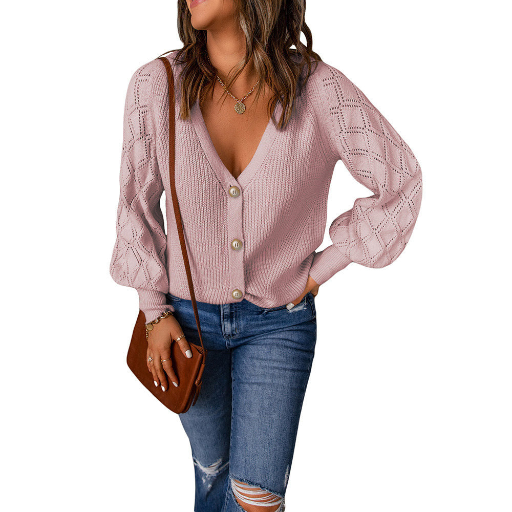 Damen Strickjacke mit V-Ausschnitt und Puffärmeln W&W Mode