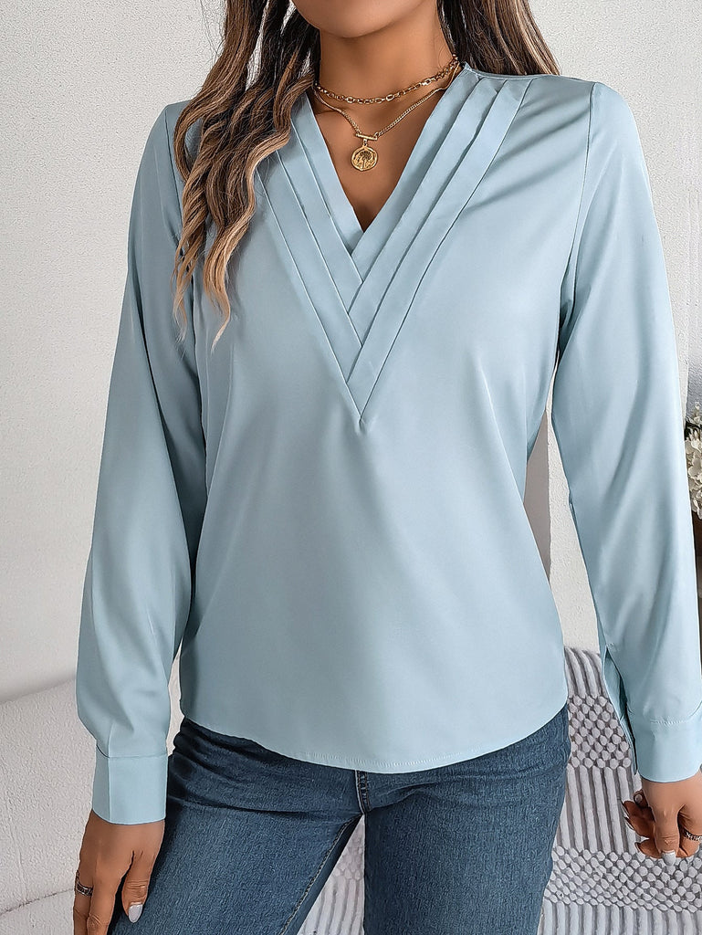 WW | Elegante Plissee Bluse Mit V-ausschnitt Für Damen