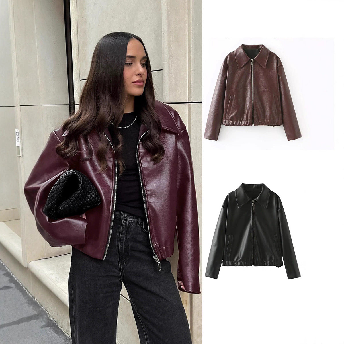 Damen elegante Kunstlederjacke im modernen Design mit praktischem Reißverschluss WW