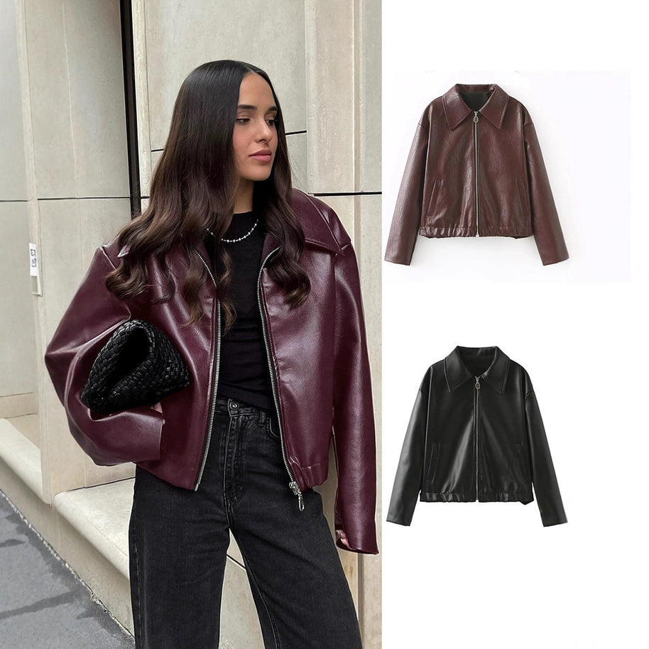 Damen elegante Kunstlederjacke im modernen Design mit praktischem Reißverschluss WW