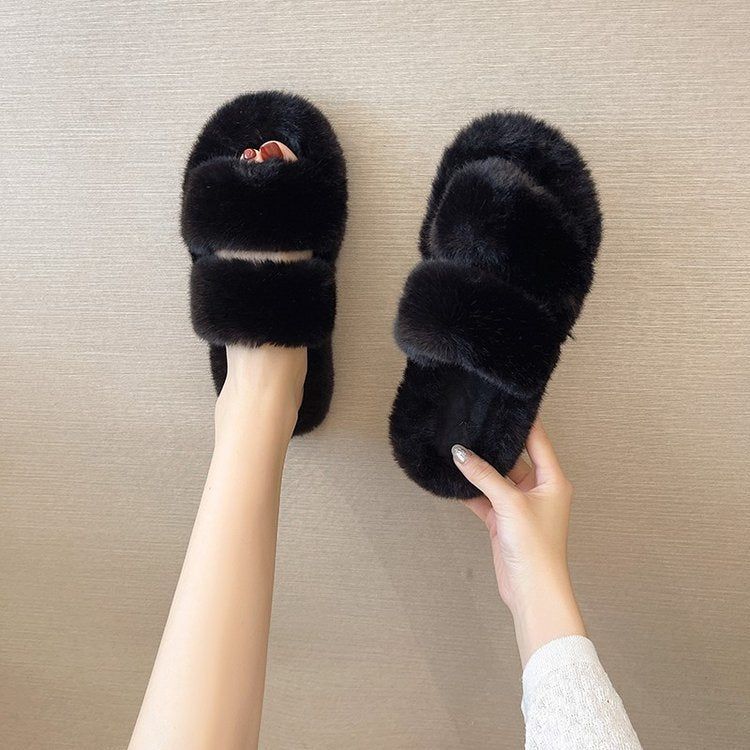 Damen Flauschige Hausschuhe mit doppeltem Riemen und weichem Innenfutter W&W