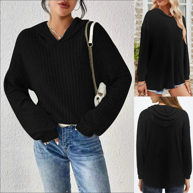 Damen lässiger Kapuzenpullover mit stilvollem Rippmuster und überschnittenen Ärmeln WW