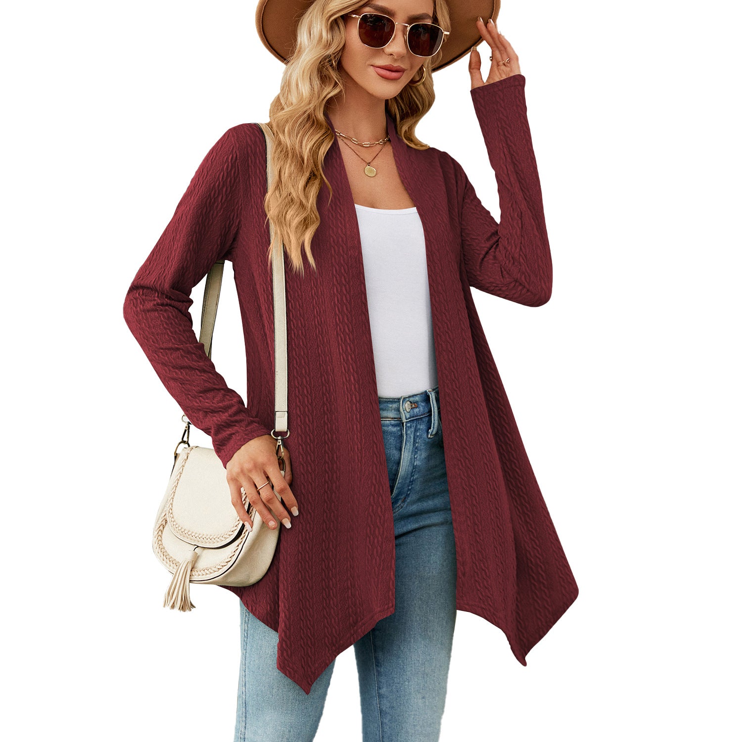 Damen Strickjacke mit strukturiertem Waffelmuster und offener Front WW
