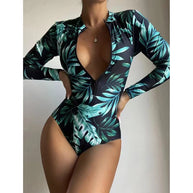 Damen Langarm-Badeanzug mit Floralprint und hochabschließendem Zip WW