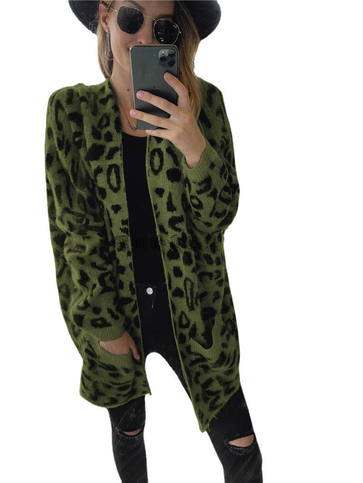 Damen lässiger Strickmantel im Leopardenmuster mit bequemem Schnitt und Taschen W&W Mode