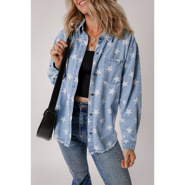 Damen Jeanshemd mit Sternen-Muster und praktischer Brusttasche WW