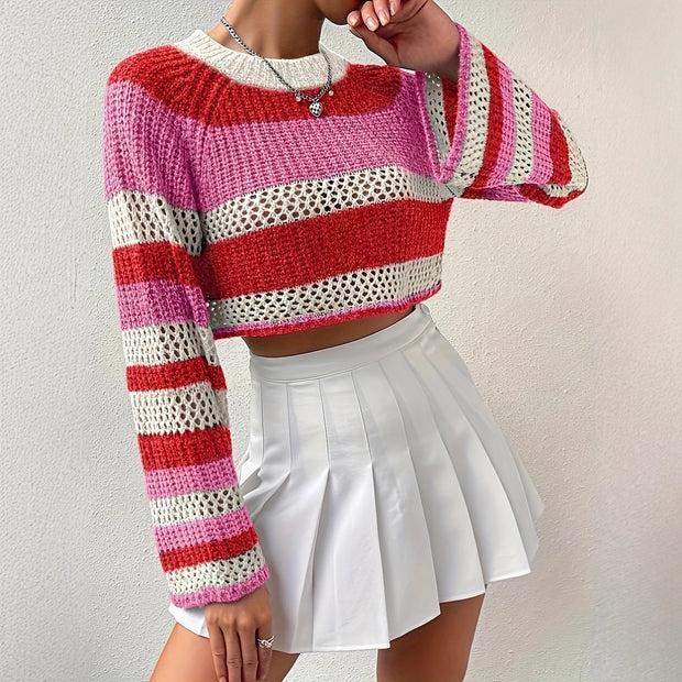 Damen Strickpullover mit verspieltem Lochmuster und bunten Streifen WW