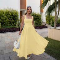 Damen Maxikleid mit quadratischen Ausschnitten und fließendem Rock WW