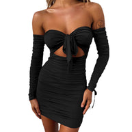 Damen Off-Shoulder Minikleid mit Wickel-Detail und Raffung W&W