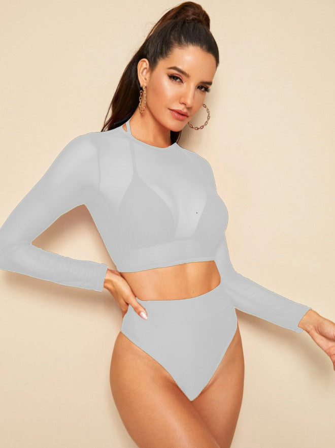 Damen Sport-Bikini-Set mit Langarm-Oberteil und Hoher Taille WW