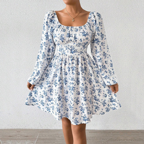 Damen luftiger Blumenkleid mit eleganter Raffung und langen Ärmeln W&W Mode