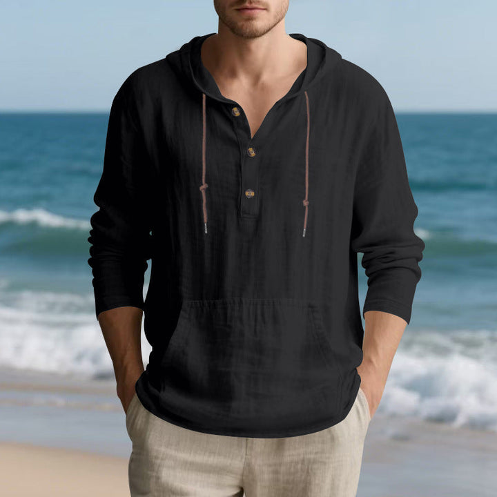 Herren nan leichtes Kapuzen-Henley aus Leinen-Baumwollmix mit Kängurutasche und Knopfleiste W&W Mode