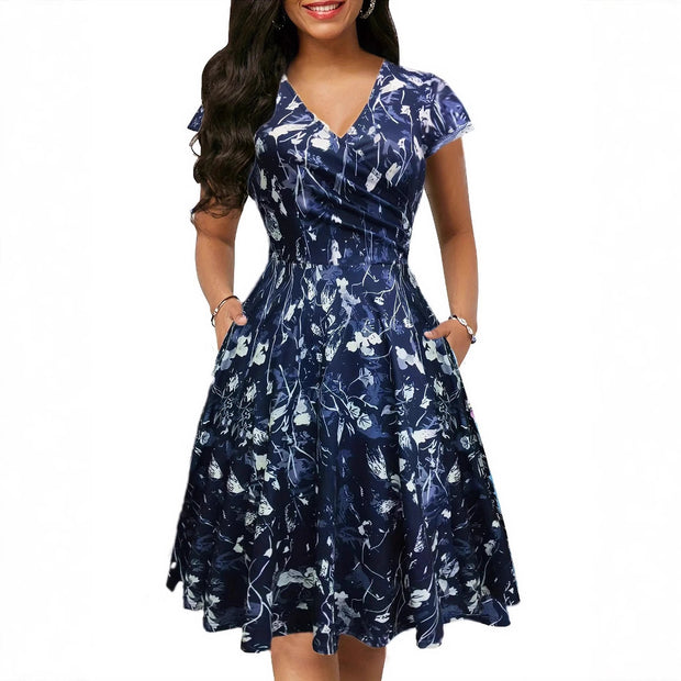 Damen Blumenkleid mit V-Ausschnitt und Taschen WW