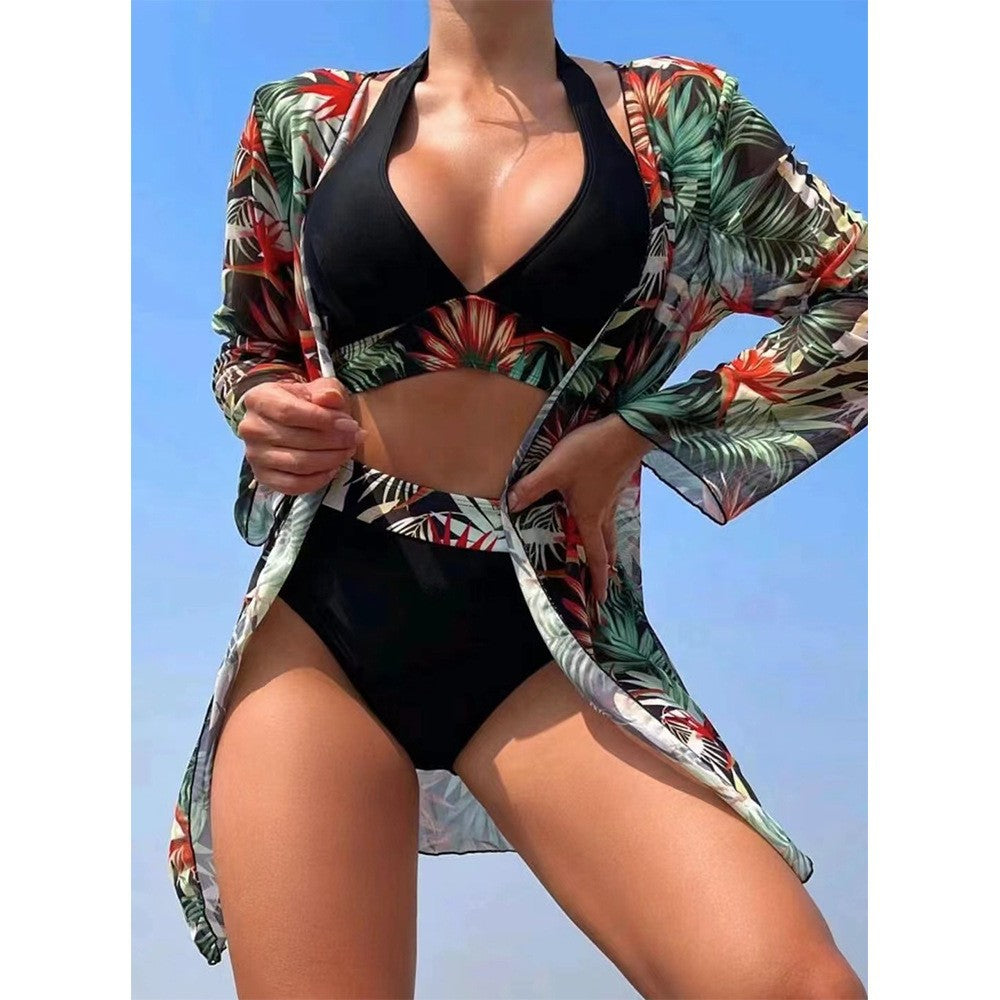 Damen Strandset mit floralem Kimono und High-Waist Bikini WW