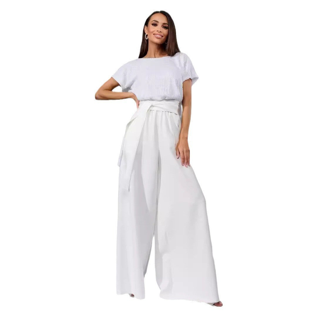 Damen Glamouröses Overalls mit glitzerndem Oberteil und weit geschnittenen Hosen W&W Mode