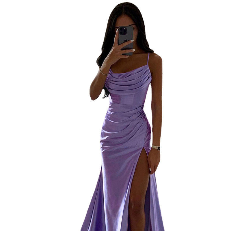 Damen-Satinkleid mit V-Ausschnitt, hoher Taille und Schlitz