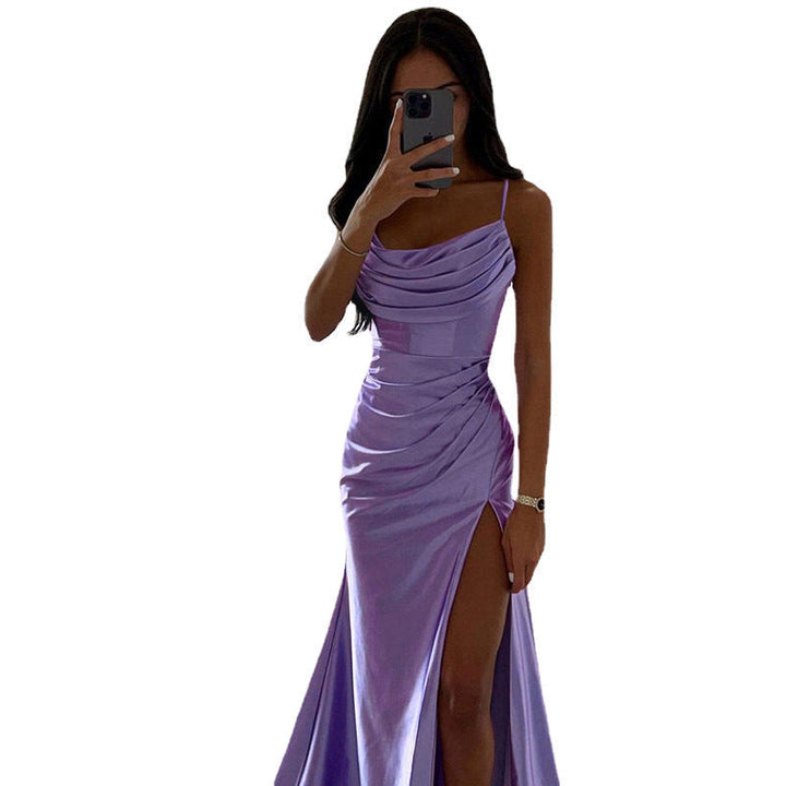 Damen-Satinkleid mit V-Ausschnitt, hoher Taille und Schlitz