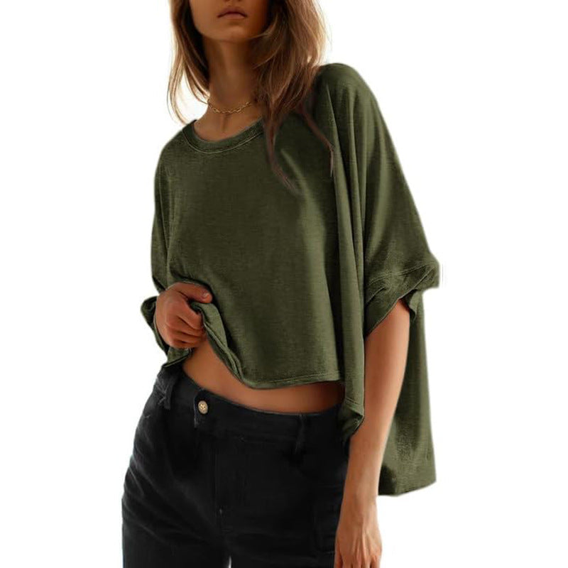 Damen lässiges cropped Oberteil mit weiten Ärmeln und Rundhalsausschnitt W&W Mode