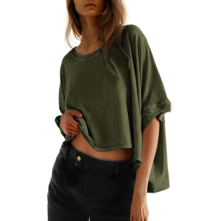 Damen lässiges cropped Oberteil mit weiten Ärmeln und Rundhalsausschnitt W&W Mode