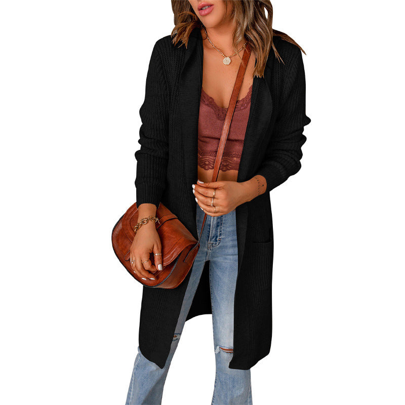 Damen Lange Strickjacke mit offenen Fronten und praktischen Taschen WW