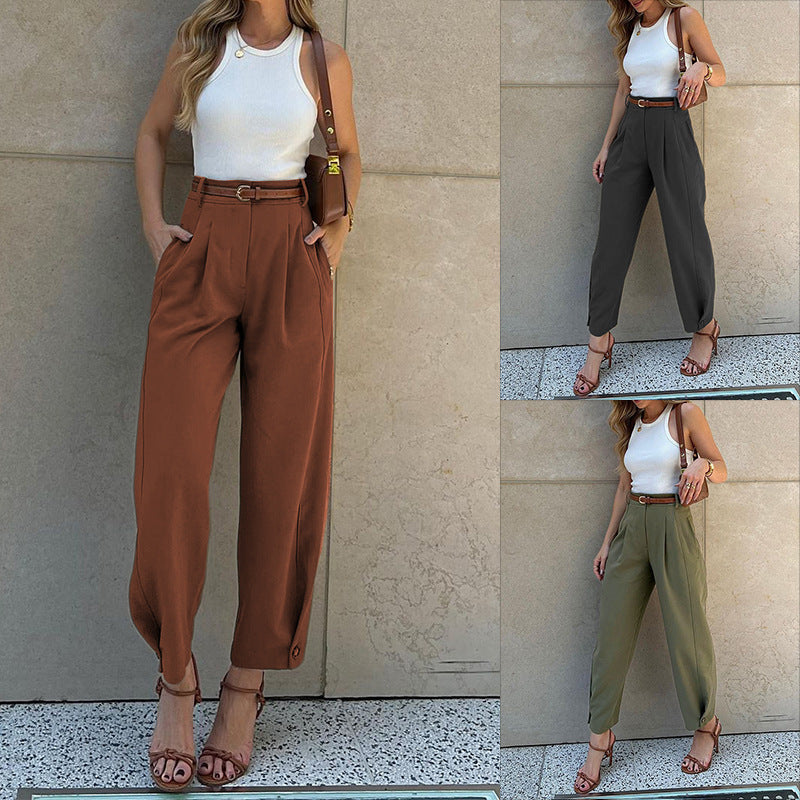 Damen Hochtaillen Hose mit eleganten Falten und praktischen Taschen WW