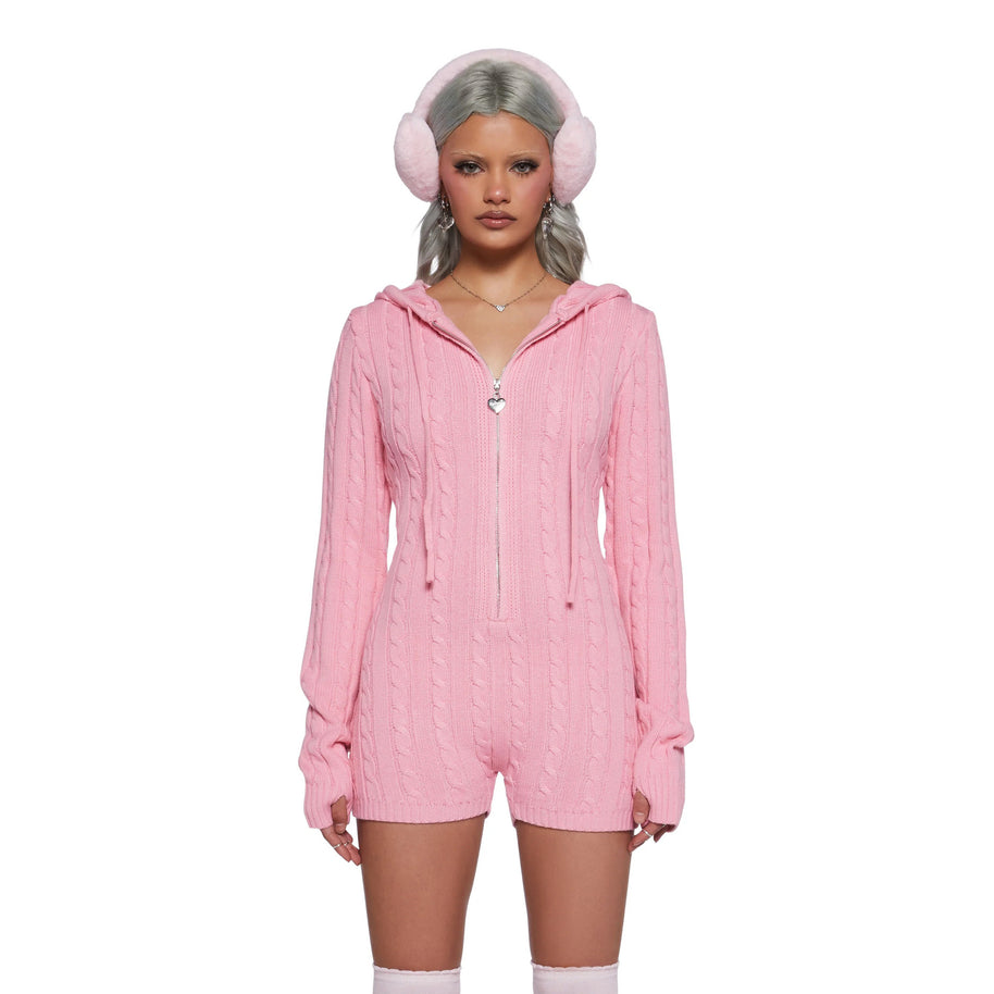 Damen Strickoverall mit Kapuze und Reißverschluss WW