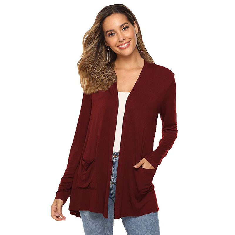 Damen lässiger Strickcardigan mit tiefem V-Ausschnitt und praktischen Taschen W&W Mode