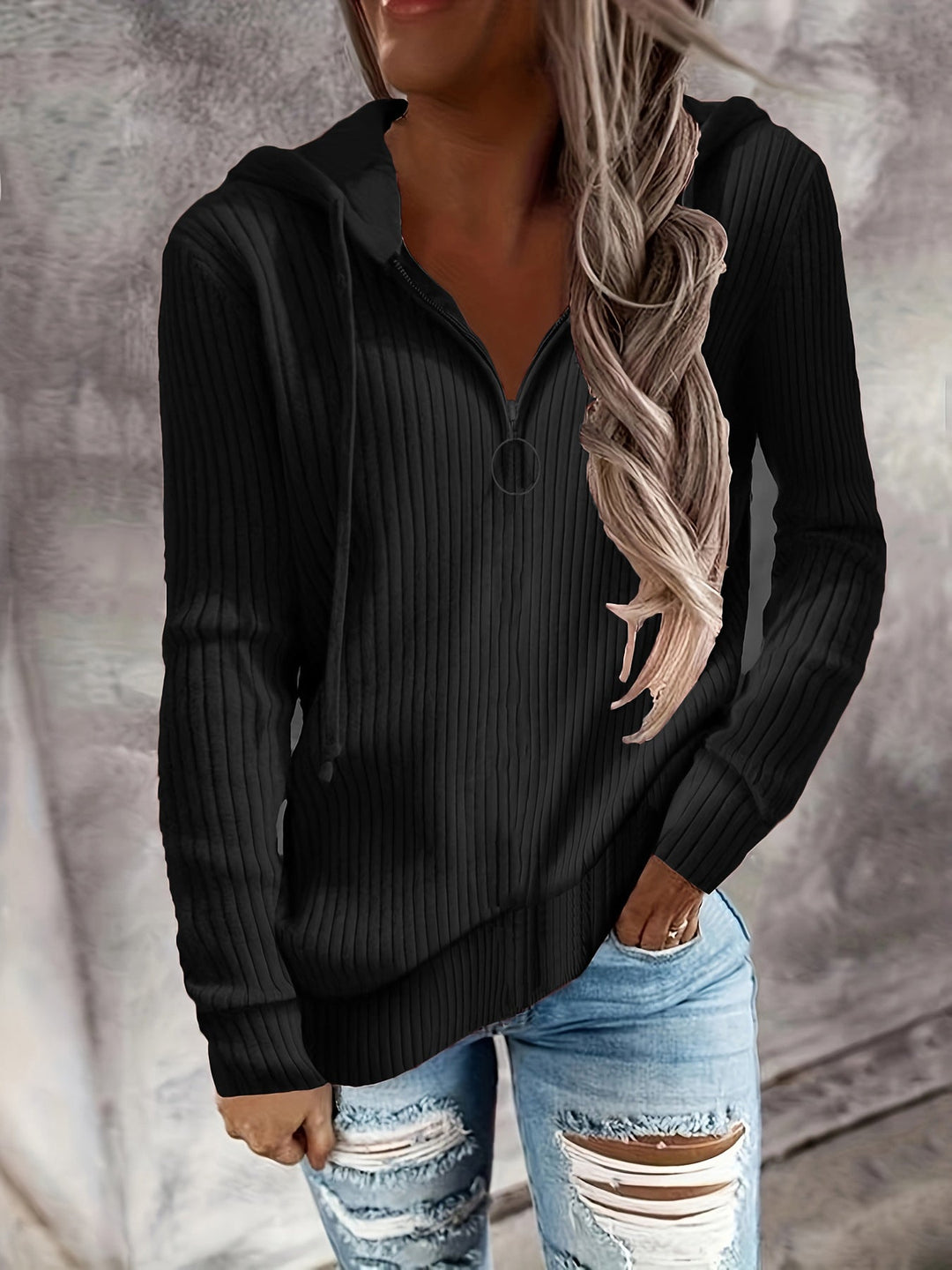 Damen Hoodie mit Reißverschluss und lässigem Rippenstrickdesign W&W Mode