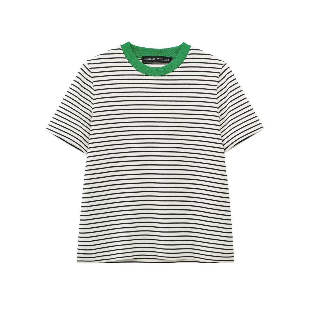 Damen Freizeit T-Shirt mit kontrastierendem Kragen und lässigem Streifenmuster W&W Mode