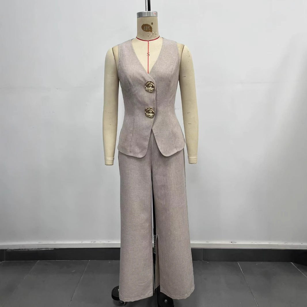 Damen elegantes Ensemble aus ärmellosem Blazer und weiten Hosen W&W