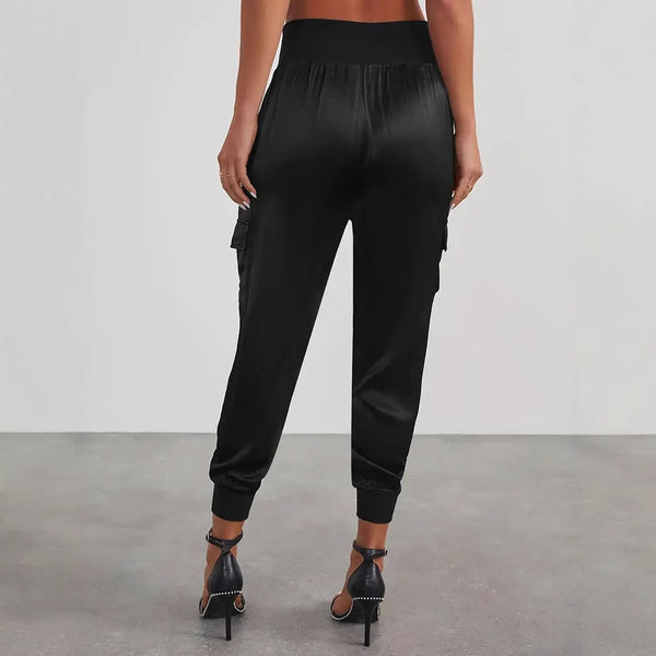 Damen Satin-Cargo-Hose mit elastischem Bund und praktischen Taschen W&W