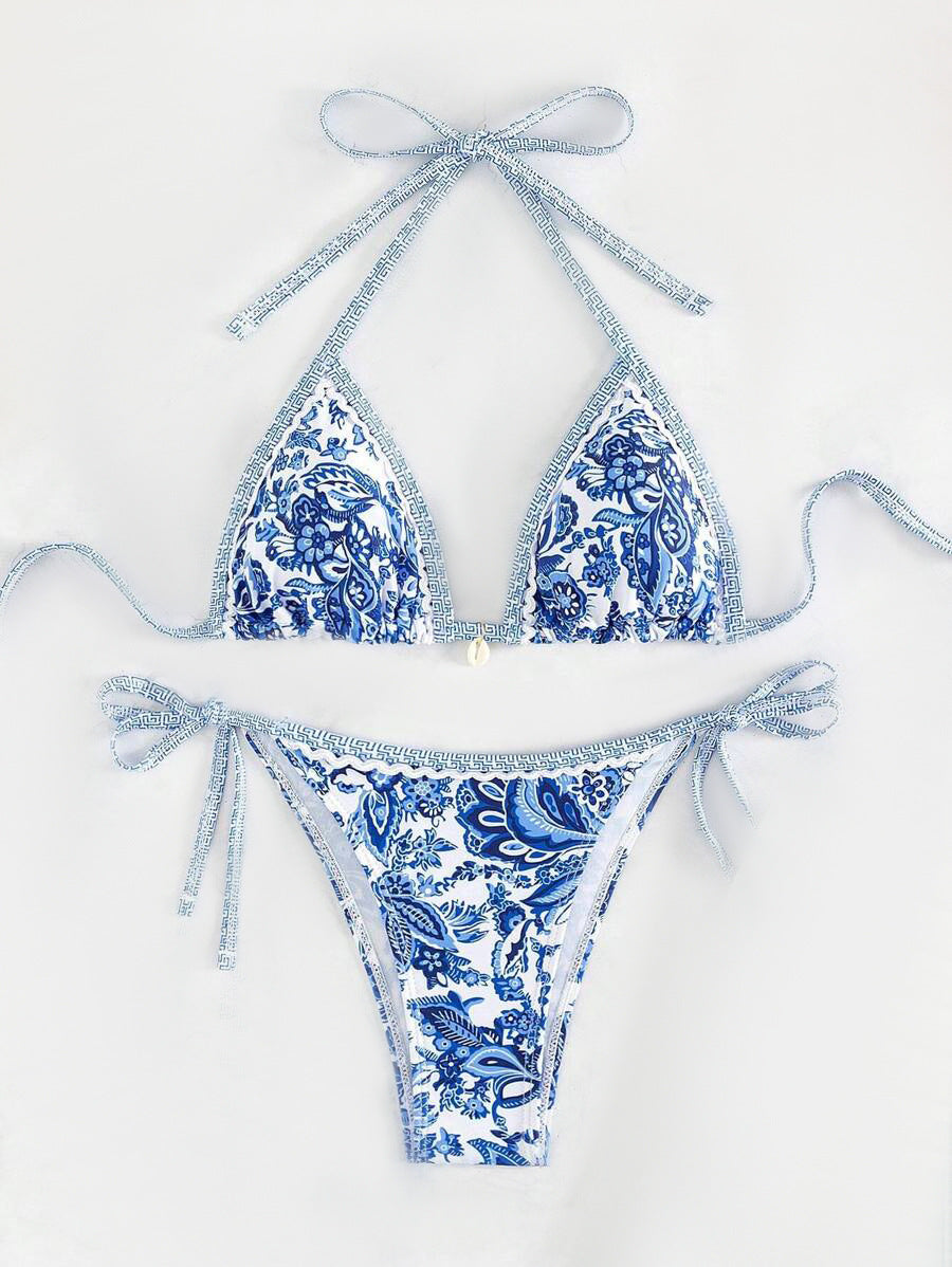 Damen Triangel-Bikini-Set mit verspieltem Blumenmuster und verstellbaren Bindebändern WW