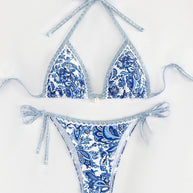 Damen Triangel-Bikini-Set mit verspieltem Blumenmuster und verstellbaren Bindebändern WW