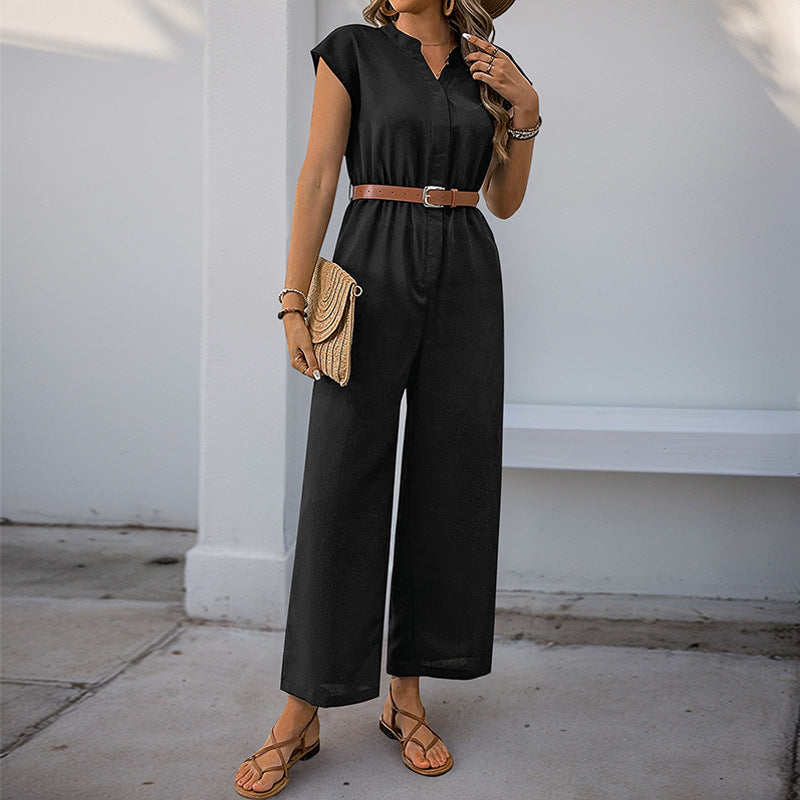 Damen Jumpsuit mit elegantem Taillengürtel und modernem V-Ausschnitt WW