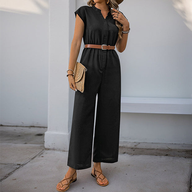 Damen Jumpsuit mit elegantem Taillengürtel und modernem V-Ausschnitt WW