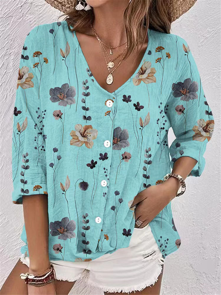 Damen lässige Bluse mit floralem Design und modernen Knopfdetails WW